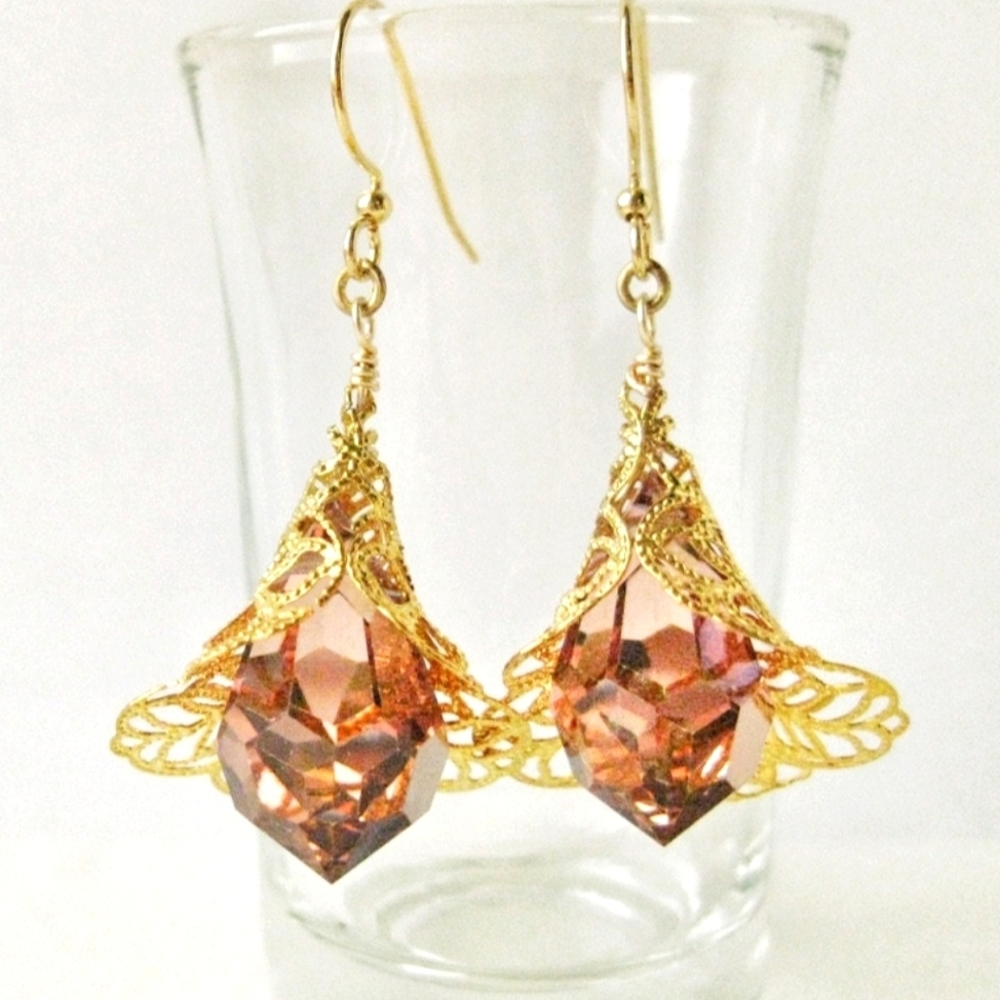 Crystal Copper Presiocia Faceted Drop Gold Filigree Cone Flower Earrings.